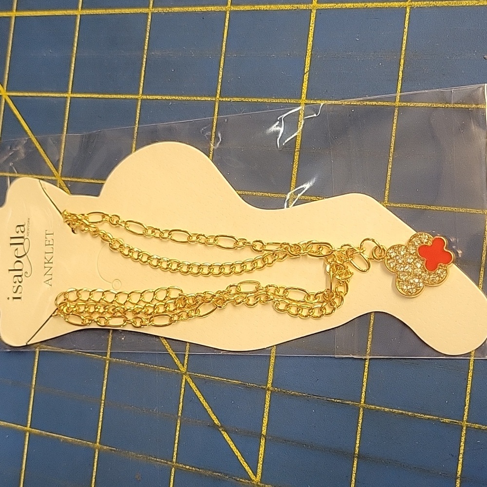 Isabella New York Gold Tone Red & Rhinestone Charm 8.5 Ankle Bracelet NIP